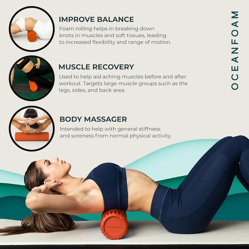 Oceanfoam Tidal Roller - Orange - Muscle Massage Foam Roller for Back Pain & Stretching - Firm and Ergonomic Wide Wave Textured - Yoga, Athletics, & Wellness - Full Size, 20" x 5" - Image 4